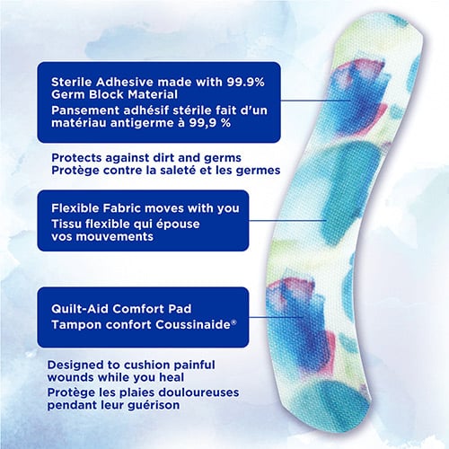 BAND-AID® Flexible Fabric bandage with Watercolour design and product claims stating 'Protects against dirt and germs, Designed to cushion painful woundswhile you heal'