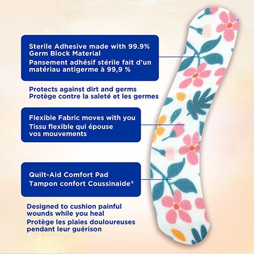BAND-AID® Flexible Fabric bandage with wildflower design and claims stating 'Protects against dirt and germs, Designed to cushion painful wounds while you heal'
