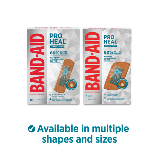 Band-Aid Pro Heal Adhesive Bandages are available in multiple shapes and sizes