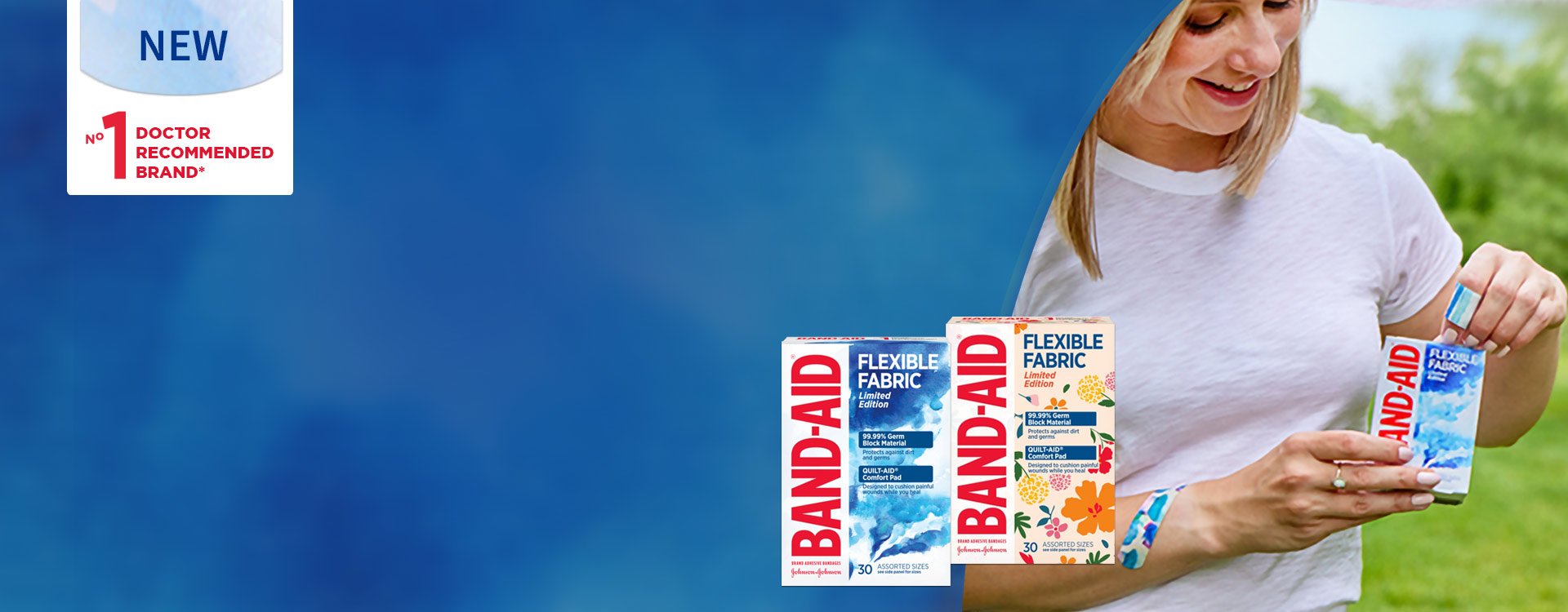 Banner including someone holding a packet of BAND-AID® Flexible Fabric Decorative Adhesive Bandages next to two other packets.