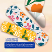 Three BAND-AID® bandages with a text stating 'Limited Edition, Flexible Fabric with fun Wildflower Design'