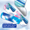 Three BAND-AID® bandages with a text stating 'Limited Edition, Flexible Fabric with fun Water Color Design'