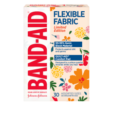 A packet of BAND-AID® Decorated Flexible Fabric Bandages, Wildflower, Assorted Sizes, 30 Count