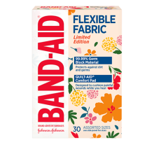 A packet of BAND-AID® Flexible Fabric bandages with Wildflower Design, 30 assorted sizes, and 3 bandages showcased next to the packet.