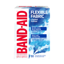 A packet of BAND-AID® Decorated Flexible Fabric Bandages, Water Colour, Assorted Sizes, 30 Count