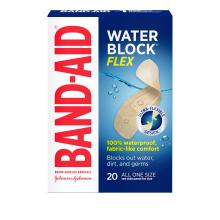 A packet of BAND-AID® WATER BLOCK FLEX™ bandages, 20 count
