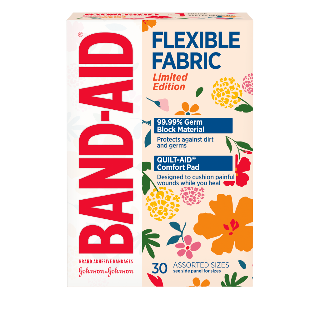 A packet of BAND-AID® Decorated Flexible Fabric Bandages, Wildflower, Assorted Sizes, 30 Count
